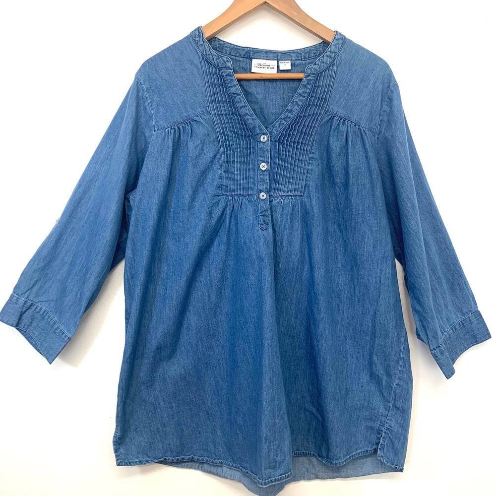 Vermont Country Store Denim Pop Over Tunic Blouse Blue Pintuck 100% Cotton 1X